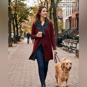 blanc noir Hooded Wrap Coat in Charcoal with Burgundy Accent